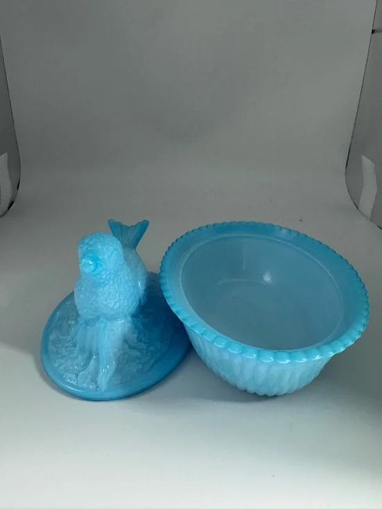 Vintage Bird on Nest Light Blue Milk Glass by Summit - Picture 4 of 7